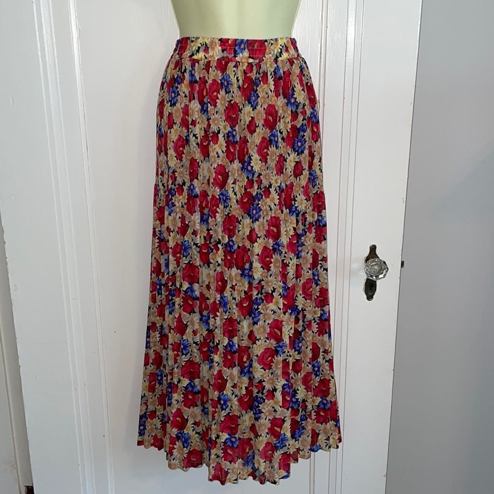Vtg Sag‎ Harbor blue, yellow, red & tan floral polyester midi skirt